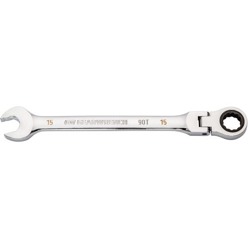 90-Tooth Flex Head Ratcheting Combination Wrench, 12 Point, 15 mm, Chrome Finish Auto-Cam