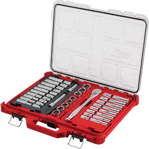 Ratchet & Socket Set with PACKOUT Low-Profile Organizer, 47 Pcs, 1/2" Drive Size, Deep Auto-Cam