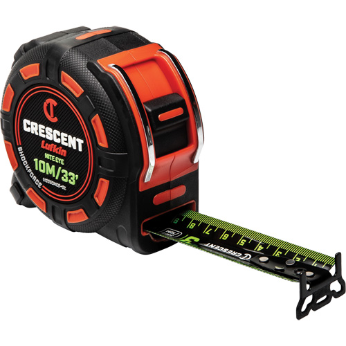 Shockforce NITE EYE Tape Measure, 1-1/4" x 35'/10 m, Metric/SAE Graduations Auto-Cam