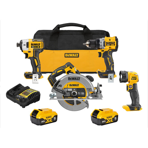 XR&reg; Brushless Cordless 4-Tool Combo Kit, Lithium-Ion, 20 V Auto-Cam