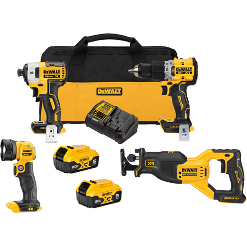 XR&reg; Brushless Cordless 4-Tool Combo Kit, Lithium-Ion, 20 V Auto-Cam