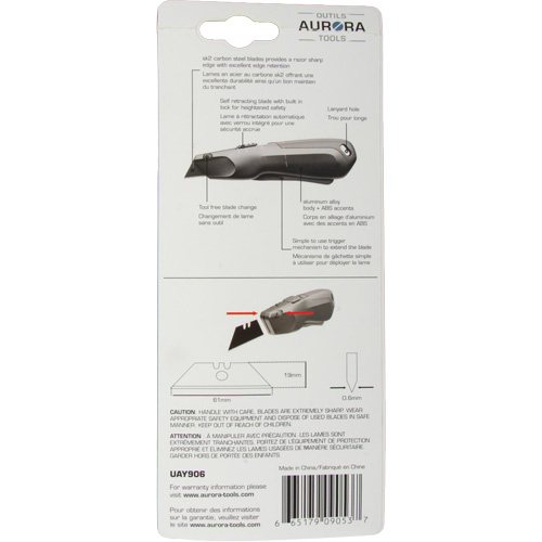 Couteau de s&eacute;curit&eacute; r&eacute;tractable , Acier inoxydable, Robuste, Prise en Plastique/Aluminium Auto-Cam