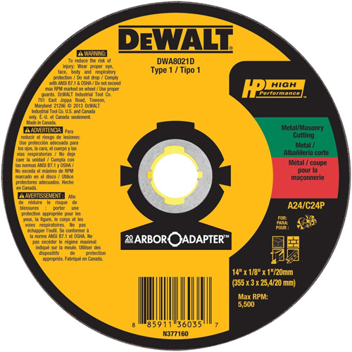 High Performance Cutting Wheel for Circular Saws, 14" x 1/8" Arbor, Aluminum Oxide Auto-Cam