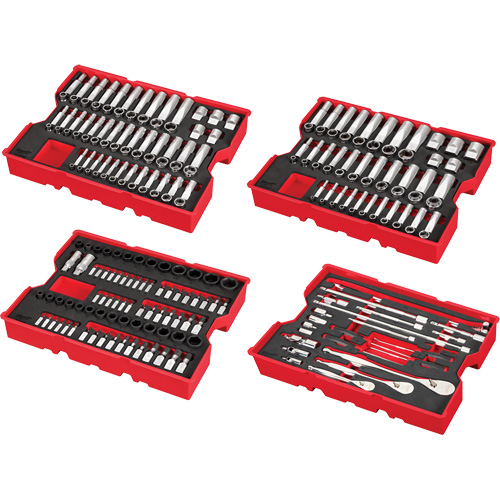 Jeu de cliquets et douilles m&eacute;triques et SAE avec organisateur PACKOUT &agrave; profil bas, 242 Mcx, Chocs, Prise de 1/4"/3/8"/1/2", Profond Auto-Cam