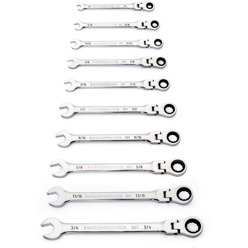 Jeu de cl&eacute;s SAE &agrave; 12 pans et 90 dents, T&ecirc;te articul&eacute;e/Combinaison &agrave; cliquet, 10 morceaux, Imp&eacute;rial Auto-Cam