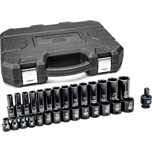 Jeu de douilles m&eacute;triques &agrave; 6 pans, 29 Mcx, Chocs, Prise de 3/8", Profond Auto-Cam