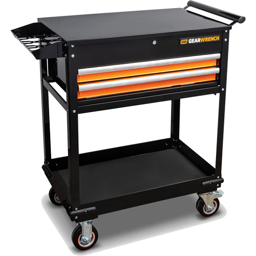 Utility Cart, 2 Drawers, 32-1/2" W x 42" H, Black/Orange Auto-Cam