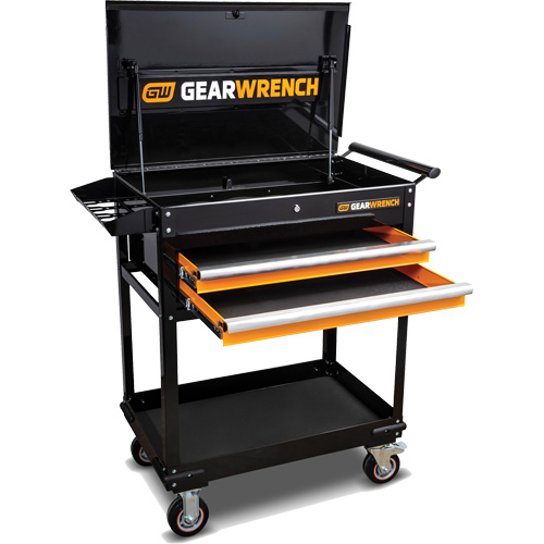 Utility Cart, 2 Drawers, 32-1/2" W x 42" H, Black/Orange Auto-Cam