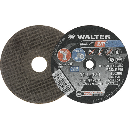 Zip Cut-Off Wheel, 4" x 1/8", 3/8" Arbor, Type 1, Aluminum Oxide, 19100 RPM Auto-Cam