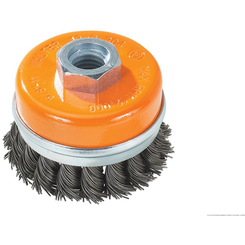 Knot-Twisted Wire Cup Brush with Ring, 4" Dia. x 5/8"-11 Arbor Auto-Cam
