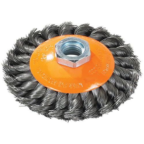 Knot-Twisted Saucer Cup Wire Wheel, 7" Dia., 0.02" Fill, 5/8"-11 Arbor, Steel Auto-Cam