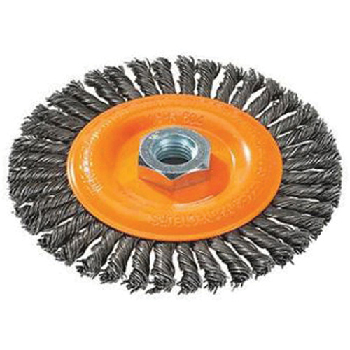 Brosse &agrave; fils nou&eacute;s pour cordons de soudure, Dia. 4", Fils 0,02", Arbre 5/8"-11, Acier Auto-Cam