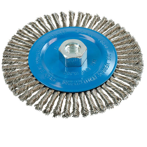Brosse &agrave; fils &eacute;troits nou&eacute;s et torsad&eacute;s, Dia. 6", Fils 0,02", Arbre 5/8"-11, Aluminium/Acier inoxydable Auto-Cam