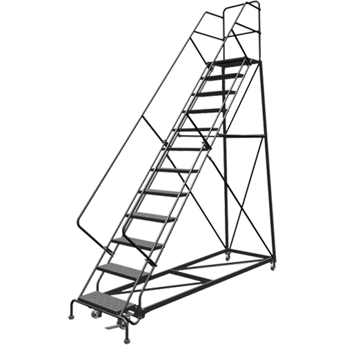 Safety Slope Rolling Ladder, 12 Steps, Perforated, 50° Incline, 120" High Auto-Cam