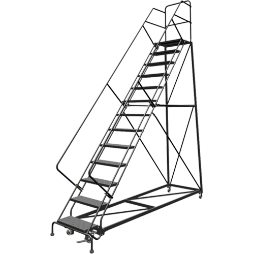 Safety Slope Rolling Ladder, 13 Steps, Perforated, 50° Incline, 130" High Auto-Cam