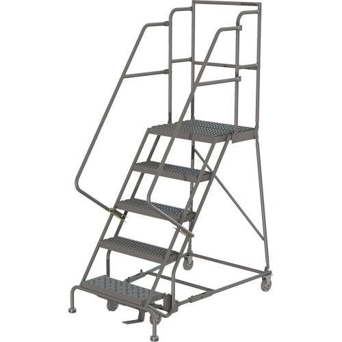 Deep Top Step Rolling Ladder, 5 Steps, 24" Step Width, 50" Platform Height, Steel Auto-Cam