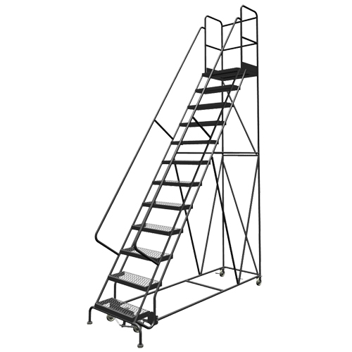 Deep Top Step Rolling Ladder, 7 Steps, 24" Step Width, 70" Platform Height, Steel Auto-Cam
