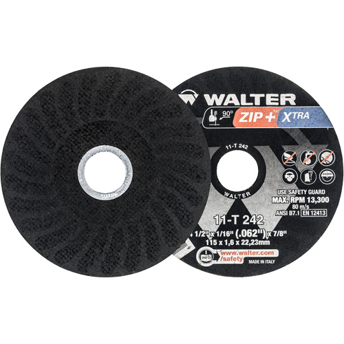 Meules &agrave; tronçonner renforc&eacute;es Zip+ pour meuleuse &agrave; angle droit, 4-1/2" x 1/16", Arbre de 7/8", Type 1, Alumine de zirconium, 13 300 Tr/min Auto-Cam