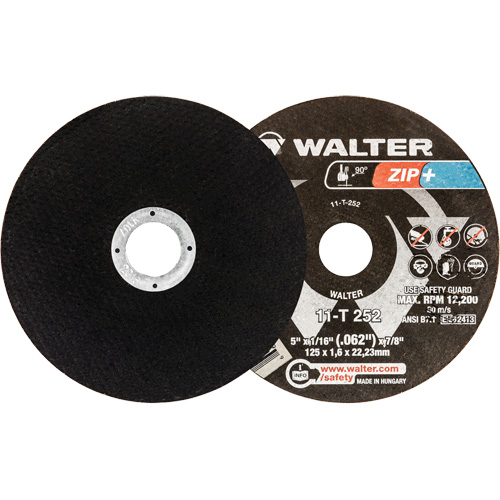 Zip+ Right Angle Grinder Reinforced Cut-Off Wheels, 5" x 1/16", 7/8" Arbor, Type 1, Zirconia Alumina, 12200 RPM Auto-Cam