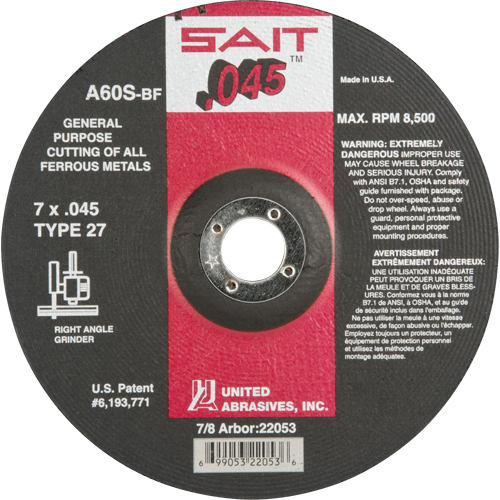 Depressed Center Cut-Off Wheel, 7" x 0.045", 7/8" Arbor, Type 27, Aluminum Oxide, 8500 RPM Auto-Cam