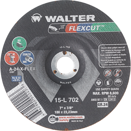 Meules &agrave; moyeu d&eacute;port&eacute; Flexcut, 7", 24 Grain, Oxyde d'aluminium, 7/8", 8600 Tr/min, Type 29 Auto-Cam
