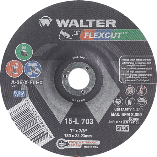 Flexcut Depressed Centre Grinding Wheels, 7", 36 Grit, Aluminum Oxide, 7/8", 8600 RPM, Type 29 Auto-Cam