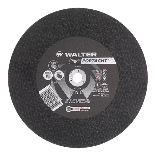 Meule &agrave; tronçonner rapide en acier inoxydable Portacut, 12" x 1/8", Arbre de 1", Type 1, Carbure de silicium, 6300 Tr/min Auto-Cam