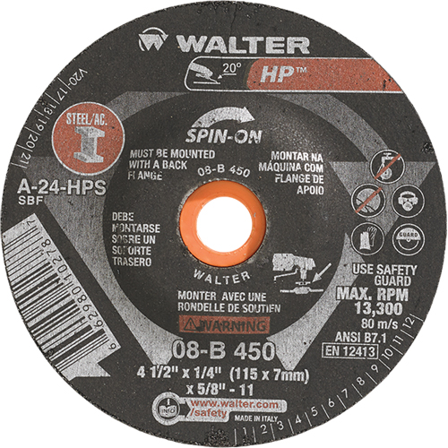 HP Spin-On Grinding Wheel, 4-1/2" x 1/4", 5/8"-11 Arbor, Type 27S Auto-Cam