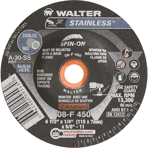 Depressed Centre Grinding Wheels - Stainless Type 27, 4-1/2" x 1/4", 5/8"-11 Arbor, Type 27S Auto-Cam