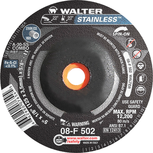 Depressed Centre Grinding Wheels - Stainless Type 27, 5" x 1/8", 5/8"-11 Arbor, Type 27S Auto-Cam
