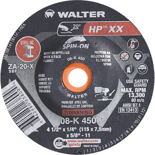 Meule &agrave; moyeu d&eacute;port&eacute; Double-X, 4-1/2" x 1/4", Arbre 5/8"-11, Type 27S Auto-Cam