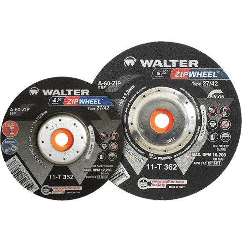 Spin-On Zipcut Right Angle Grinder Reinforced Cut-Off Wheels, 5" x 7/8", 5/8"-11 Arbor, Type 27, Aluminum Oxide, 12200 RPM Auto-Cam