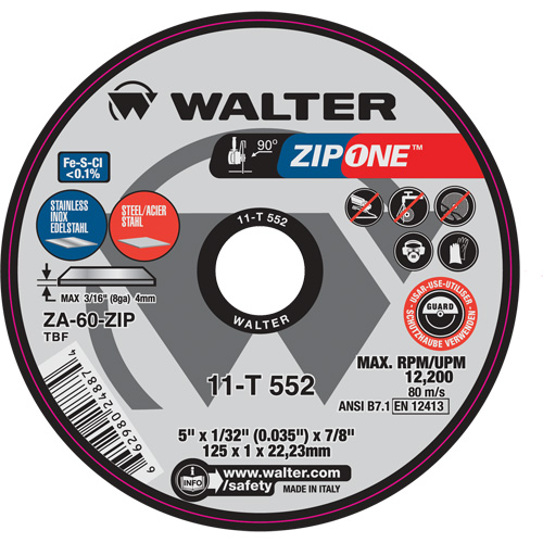 Meule &agrave; tronçonner Zip One, 5" x 1/32", Arbre de 7/8", Type 1, Alumine de zirconium, 12 200 Tr/min Auto-Cam
