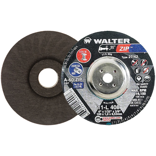 Disque de meulage et de tronçonnage Zip, 4" x 1/32", Arbre de 3/8", Type 27, Grain de 60, Oxyde d'aluminium Auto-Cam