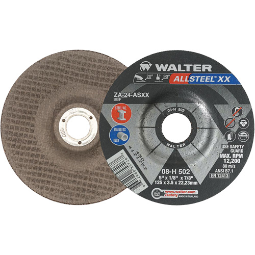 Depressed Centre Grinding Wheels - Allsteel XX, 5" x 1/8", 7/8" Arbor, Type 27, Zirconia Alumina, 12200 RPM Auto-Cam
