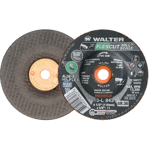 Meule FLEXCUT MILL SCALE, 4-1/2", 36 Grain, Oxyde d'aluminium, 5/8"-11, 13 300 Tr/min, Type 29 Auto-Cam