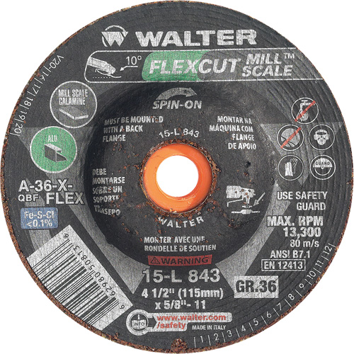 Meule FLEXCUT MILL SCALE, 4-1/2", 36 Grain, Oxyde d'aluminium, 5/8"-11, 13 300 Tr/min, Type 29 Auto-Cam