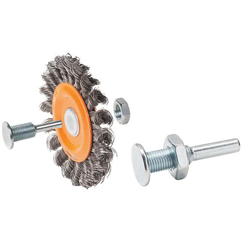 Reversible Mounted Knot-Twisted Wire Wheel, 3" Dia., 0.0118" Fill, 1/2" Arbor, Steel Auto-Cam