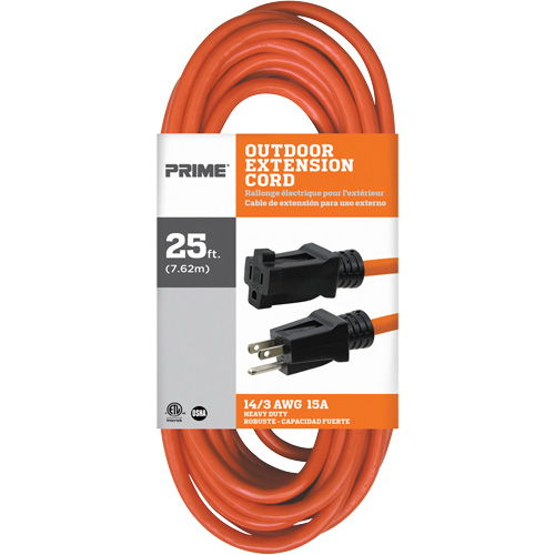 Vinyl Extension Cord, Outdoor, SJTW, 14/3 AWG, 15 A, 25' Auto-Cam