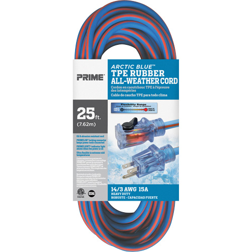 Cordon rallonge Arctic Blue, Toutes saisons, SJEOW, AWG 14/3, 15 A, 25' Auto-Cam