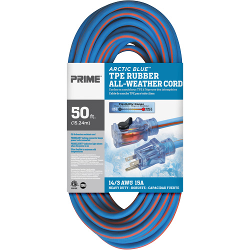 Cordon rallonge Arctic Blue, Toutes saisons, SJEOW, AWG 14/3, 15 A, 50' Auto-Cam