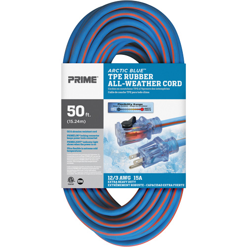 Cordon rallonge verrouillable toute saison en caoutchouc TPE Arctic Blue, Toutes saisons, SJEOW, AWG 12/3, 15 A, 50' Auto-Cam