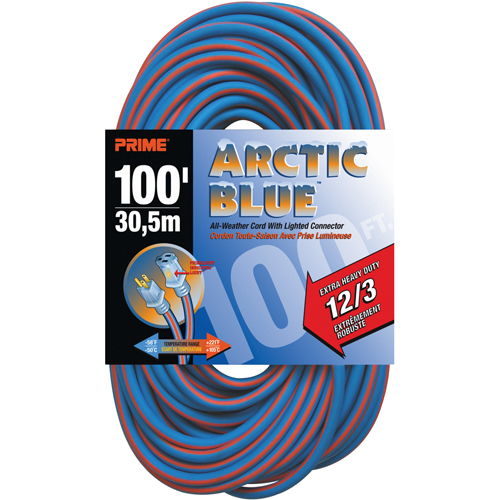 Cordon rallonge verrouillable toute saison en caoutchouc TPE Arctic Blue, Toutes saisons, SJEOW, AWG 12/3, 15 A, 100' Auto-Cam