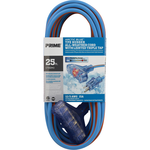 Arctic Blue TPE-Rubber Extension Cord, All-Weather, SJEOW, 12/3 AWG, 15 A, 3 Outlet(s), 25' Auto-Cam