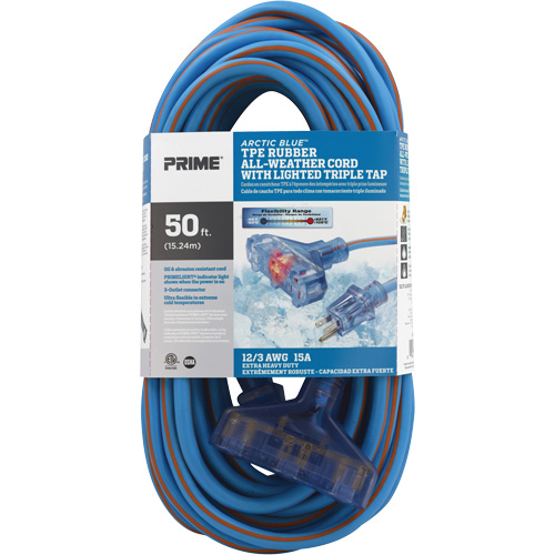Arctic Blue TPE-Rubber Extension Cord, All-Weather, SJEOW, 12/3 AWG, 15 A, 3 Outlet(s), 50' Auto-Cam