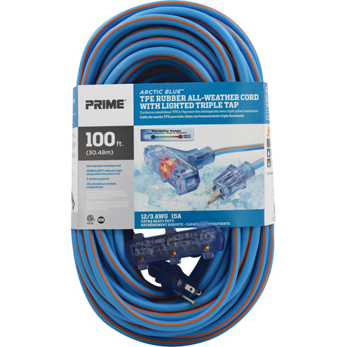 Arctic Blue TPE-Rubber Extension Cord, All-Weather, SJEOW, 12/3 AWG, 15 A, 3 Outlet(s), 100' Auto-Cam