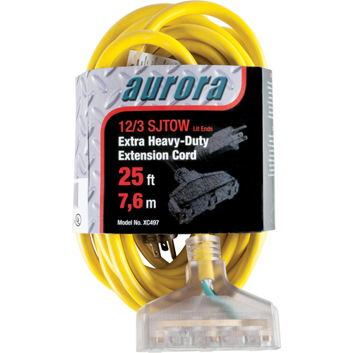 Vinyl Extension Cord with Light Indicator, Outdoor, SJTOW, 12/3 AWG, 15 A, 3 Outlet(s), 25' Auto-Cam