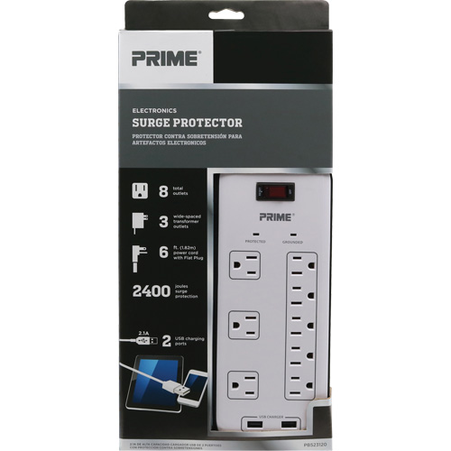 Limiteurs de surtension avec chargeur USB, 8 Prises, 2400 J, 1875 W, Cordon 6' Auto-Cam