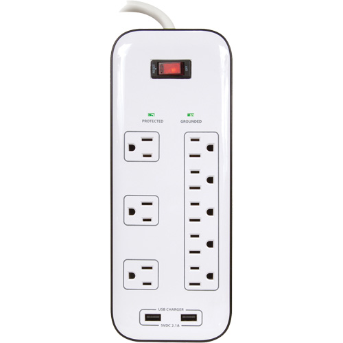 Limiteurs de surtension avec chargeur USB, 8 Prises, 2400 J, 1875 W, Cordon 6' Auto-Cam