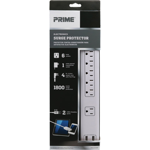 Limiteurs de surtension avec chargeur USB, 6 Prises, 1800 J, 1875 W, Cordon 4' Auto-Cam